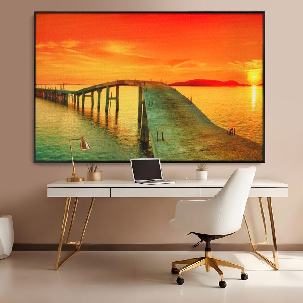 Tablou canvas cu tablou canvas cu pod si rasarit de soare, in rama de aluminiu negru, pe perete intr-un birou